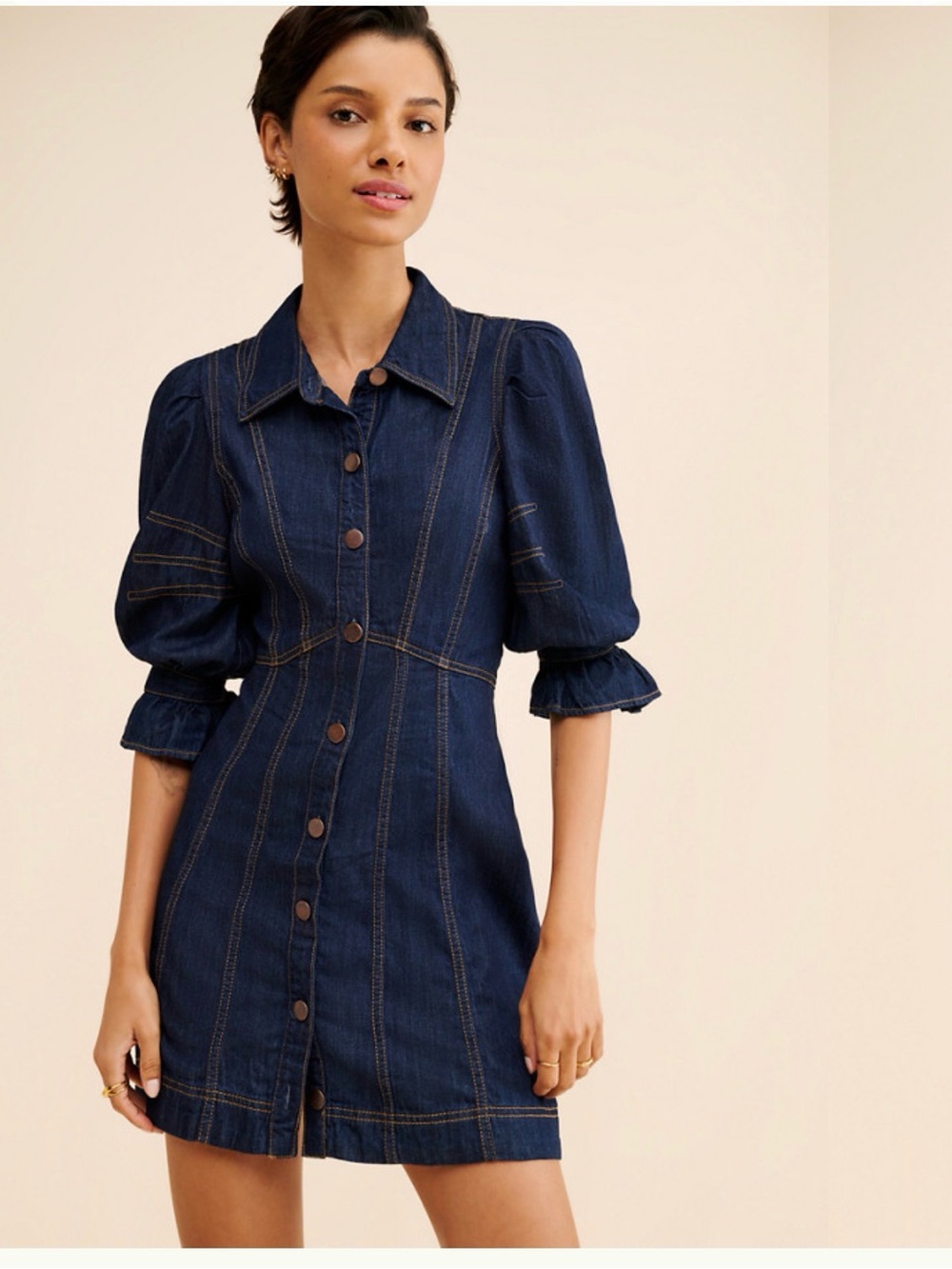 Button-Front Dark Blue Denim Mini Dress with Puff Sleeves
